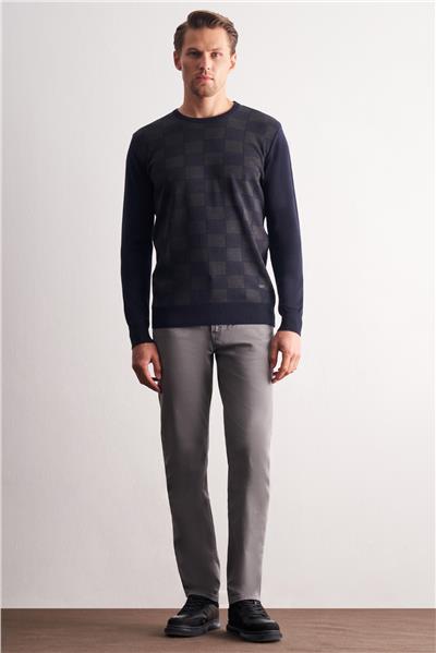 Koyu Lacivert Bisiklet Yaka Uzun Kol Cepsiz Comfort Fit Pamuklu Triko Kazak 1012255221