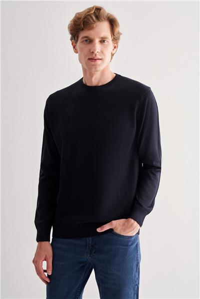 Koyu Lacivert Bisiklet Yaka Uzun Kol Cepsiz Comfort Fit Classic Yünlü Triko Kazak 1012255207