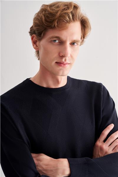 Koyu Lacivert Bisiklet Yaka Uzun Kol Cepsiz Comfort Fit Classic Yünlü Triko Kazak 1012255207