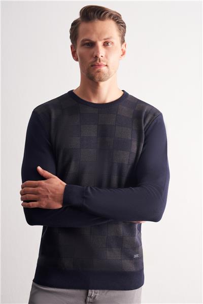 Koyu Lacivert Bisiklet Yaka Uzun Kol Cepsiz Comfort Fit Pamuklu Triko Kazak 1012255221