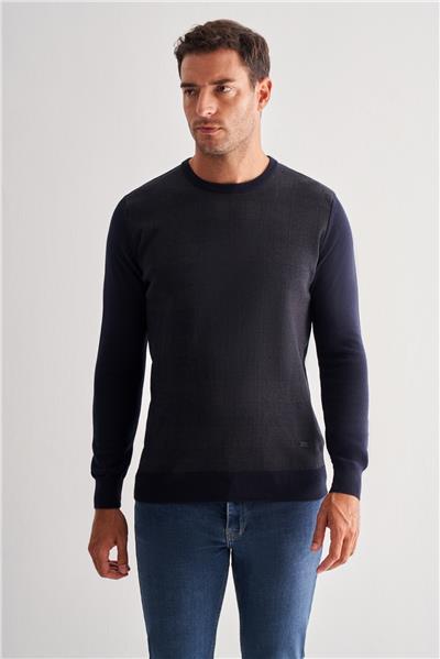 Koyu Lacivert Bisiklet Yaka Uzun Kol Cepsiz Comfort Fit Pamuklu Triko Kazak 1012255217