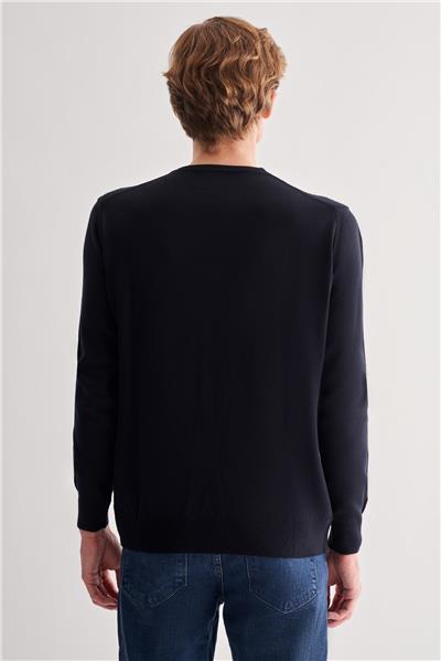 Koyu Lacivert Bisiklet Yaka Uzun Kol Cepsiz Comfort Fit Classic Yünlü Triko Kazak 1012255207