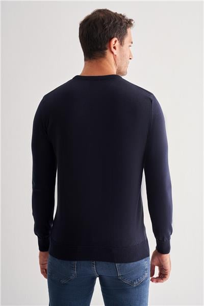 Koyu Lacivert Bisiklet Yaka Uzun Kol Cepsiz Comfort Fit Pamuklu Triko Kazak 1012255217