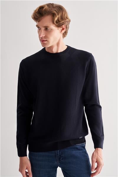 Koyu Lacivert Bisiklet Yaka Uzun Kol Cepsiz Comfort Fit Classic Yünlü Triko Kazak 1012255207