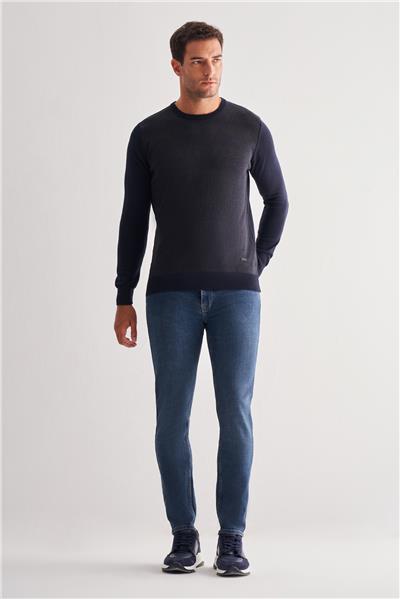 Koyu Lacivert Bisiklet Yaka Uzun Kol Cepsiz Comfort Fit Pamuklu Triko Kazak 1012255217