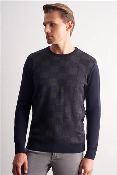 Koyu Lacivert Bisiklet Yaka Uzun Kol Cepsiz Comfort Fit Pamuklu Triko Kazak 1012255221