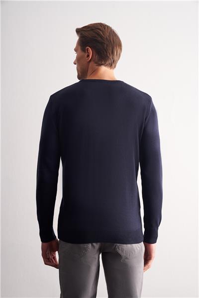 Koyu Lacivert Bisiklet Yaka Uzun Kol Cepsiz Comfort Fit Pamuklu Triko Kazak 1012255221