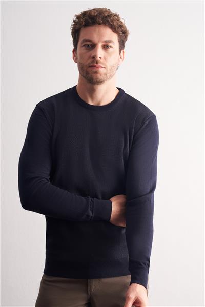 Koyu Lacivert Bisiklet Yaka Uzun Kol Cepsiz Comfort Fit Pamuklu Triko Kazak 1012255220