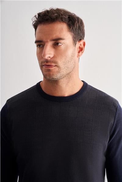 Koyu Lacivert Bisiklet Yaka Uzun Kol Cepsiz Comfort Fit Pamuklu Triko Kazak 1012255217