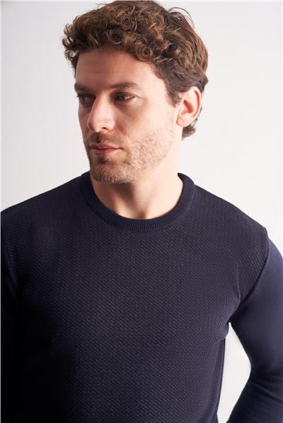 Koyu Lacivert Bisiklet Yaka Uzun Kol Cepsiz Comfort Fit Pamuklu Triko Kazak 1012255220