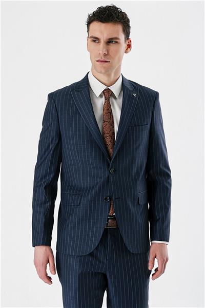 Koyu Lacivert Kırlangıç Yaka Yünlü Likralı 6 Drop Slim Klasik Takım Elbise 1001240159