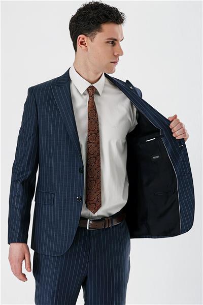 Koyu Lacivert Kırlangıç Yaka Yünlü Likralı 6 Drop Slim Klasik Takım Elbise 1001240159