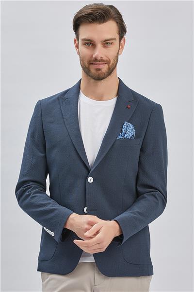 Koyu Lacivert Desenli Kırlangıç Yaka Likralı 6 Drop Slim Fit Dar Kesim Casual Ceket 1002240155