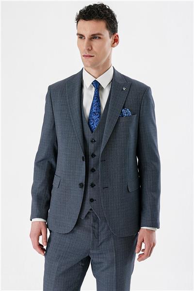 Koyu Lacivert Kırlangıç Yaka Yelekli 6 Drop Slim Fit Klasik Takım Elbise 1001240157