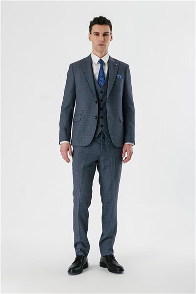 Koyu Lacivert Kırlangıç Yaka Yelekli 6 Drop Slim Fit Klasik Takım Elbise 1001240157