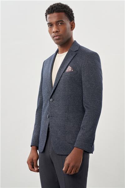 Koyu Lacivert Desenli Örme Mono Yaka Astarsız Esnek 6 Drop Slim Fit Casual Ceket 1002245159