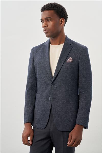 Koyu Lacivert Desenli Örme Mono Yaka Astarsız Esnek 6 Drop Slim Fit Casual Ceket 1002245159