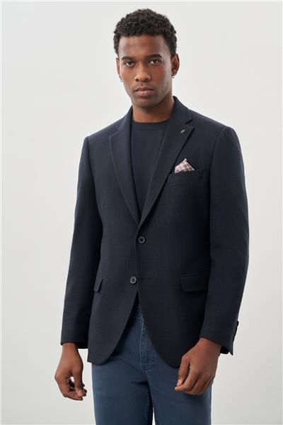 Koyu Lacivert Desenli Örme Mono Yaka Tam Astar Esnek 6 Drop Comfort Fit Casual Ceket 1002245164