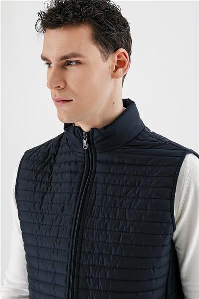 Koyu Lacivert Dik Yaka Kapitone Klasik Slim Fit Yelek 1009235151