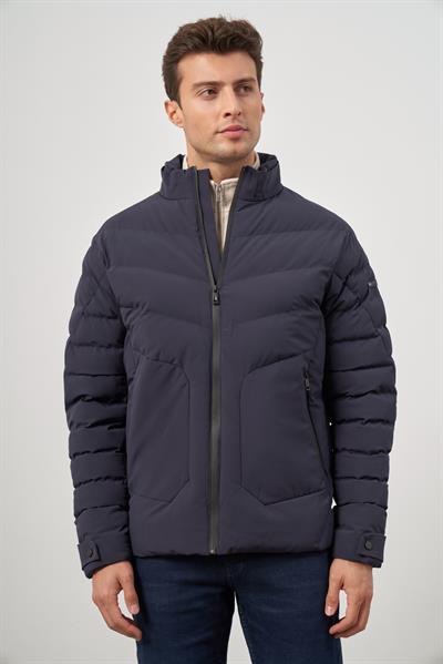 Koyu Lacivert Dolumlu Hakim Yaka Slim Fit Dar Kesim Klasik Mont 1007245153