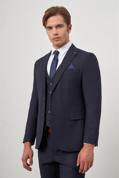 Koyu Lacivert Düz Kılıç Yaka Yelekli 6 Drop Slim Fit Classic Takım Elbise 1001245151