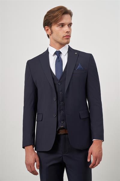 Koyu Lacivert Düz Kılıç Yaka Yelekli 6 Drop Slim Fit Classic Takım Elbise 1001245151