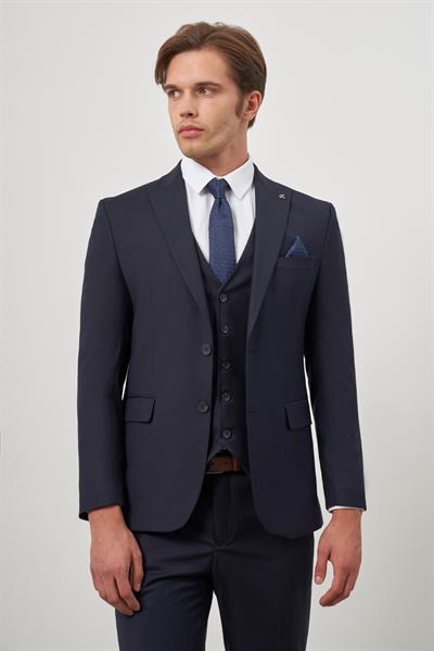 Koyu Lacivert Düz Kılıç Yaka Yelekli 6 Drop Slim Fit Classic Takım Elbise 1001245151