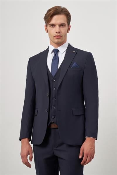 Koyu Lacivert Düz Kılıç Yaka Yelekli 6 Drop Slim Fit Classic Takım Elbise 1001245151