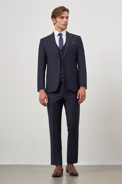 Koyu Lacivert Düz Kılıç Yaka Yelekli 6 Drop Slim Fit Classic Takım Elbise 1001245151