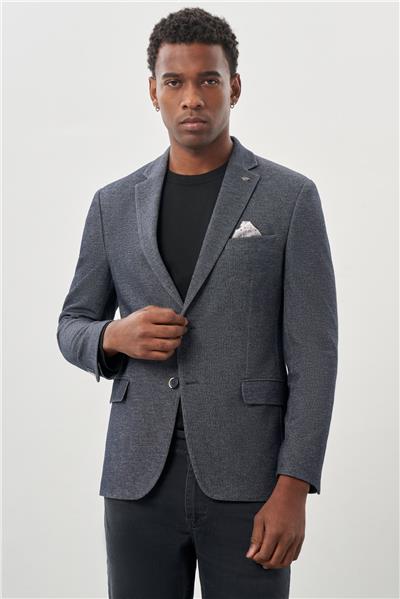 Koyu Lacivert Düz Örme Mono Yaka 6 Drop Slim Fit Classic Ceket 1002245133