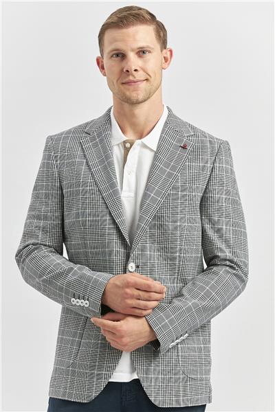 Lacivert Ekoseli Armürlü Mono Yaka Likralı 6 Drop Slim Fit Dar Kesim Klasik Ceket 1002240115