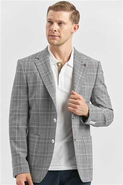 Lacivert Ekoseli Armürlü Mono Yaka Likralı 6 Drop Slim Fit Dar Kesim Klasik Ceket 1002240115