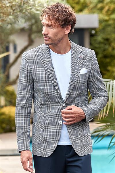 Lacivert Ekoseli Armürlü Mono Yaka Likralı 6 Drop Slim Fit Dar Kesim Klasik Ceket 1002240115
