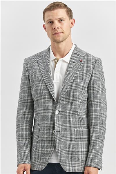 Lacivert Ekoseli Armürlü Mono Yaka Likralı 6 Drop Slim Fit Dar Kesim Klasik Ceket 1002240115