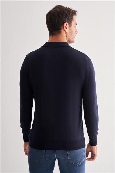 Koyu Lacivert Fermuarlı Polo Yaka Uzun Kol Cepsiz Comfort Fit Pamuklu Triko Kazak 1012255223