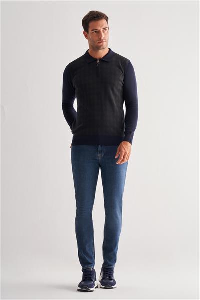 Koyu Lacivert Fermuarlı Polo Yaka Uzun Kol Cepsiz Comfort Fit Pamuklu Triko Kazak 1012255223