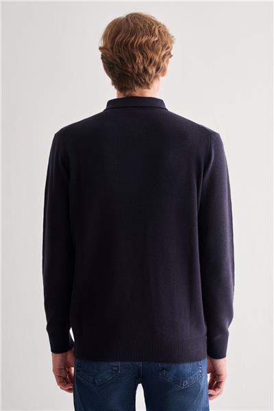 Koyu Lacivert Fermuarlı Polo Yaka Uzun Kol Cepsiz Comfort Fit Casual Pamuklu Triko Kazak 1012255202