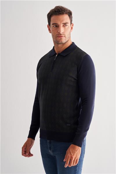 Koyu Lacivert Fermuarlı Polo Yaka Uzun Kol Cepsiz Comfort Fit Pamuklu Triko Kazak 1012255223