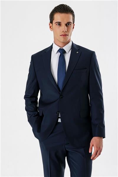 Koyu Lacivert Filafil Mono Yaka Yünlü Likralı 6 Drop Comfort Klasik Takım Elbise 1001240152