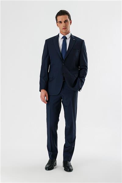 Koyu Lacivert Filafil Mono Yaka Yünlü Likralı 6 Drop Comfort Klasik Takım Elbise 1001240152