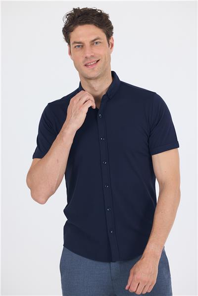 italyan Düğmeli Yaka Kısa Kol Cepsiz Slim Fit Gömlek 1004250255