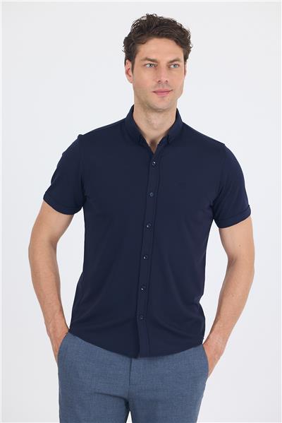 italyan Düğmeli Yaka Kısa Kol Cepsiz Slim Fit Gömlek 1004250255