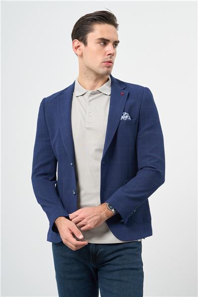 Lacivert Kareli Mono Yaka Likralı 6 Drop Ekstra Slim Fit Casual Ceket 1002240156