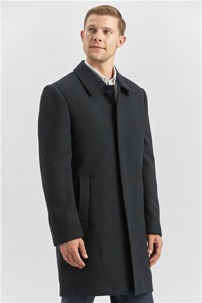 Koyu Lacivert Kaşe Berberi Yaka Yırtmaçlı Kapitoneli Astar Comfort Fit Rahat Kesim Palto 1005245152