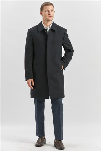 Koyu Lacivert Kaşe Berberi Yaka Yırtmaçlı Kapitoneli Astar Comfort Fit Rahat Kesim Palto 1005245152