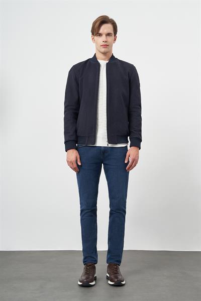 Koyu Lacivert Kaşe Kolej Yaka Kendinden Desenli Comfort Fit Classic Mont 1007245162