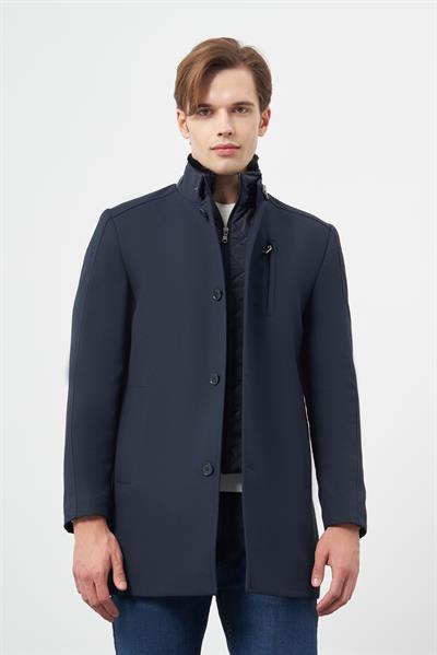 Koyu Lacivert Kaşe Kürklü Yaka Düz Tek Yırtmaç Tam Kapitone Astar Slim Fit Classic Palto 1005245102