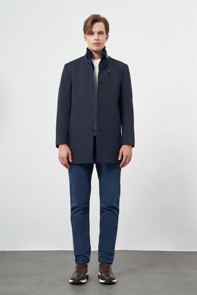 Koyu Lacivert Kaşe Kürklü Yaka Düz Tek Yırtmaç Tam Kapitone Astar Slim Fit Classic Palto 1005245102