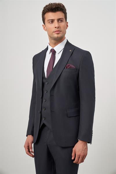 Koyu Lacivert Kılıç Yaka Yelekli 6 Drop Slim Fit Classic Takım Elbise 1001245153