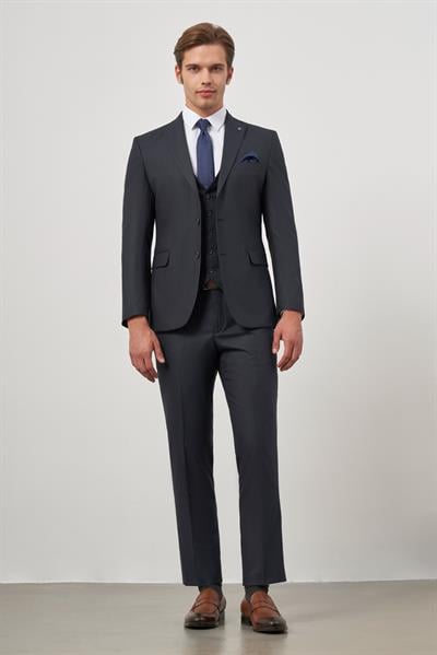 Koyu Lacivert Kılıç Yaka Yelekli 6 Drop Slim Fit Classic Takım Elbise 1001245154